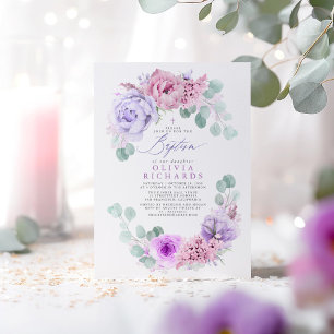 Rosa und hellviolette Blumen Eukalyptus Taufe Einladung