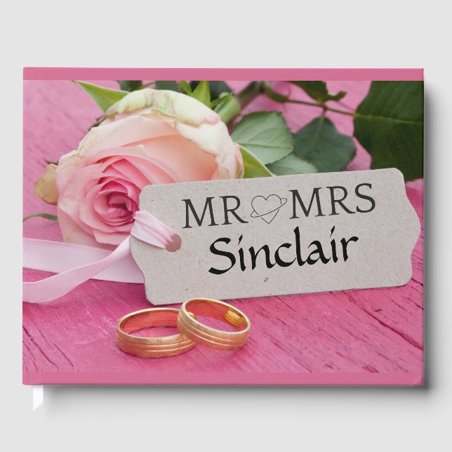 Rosa und Hochzeitsringe Gästebuch (Vorderseite)