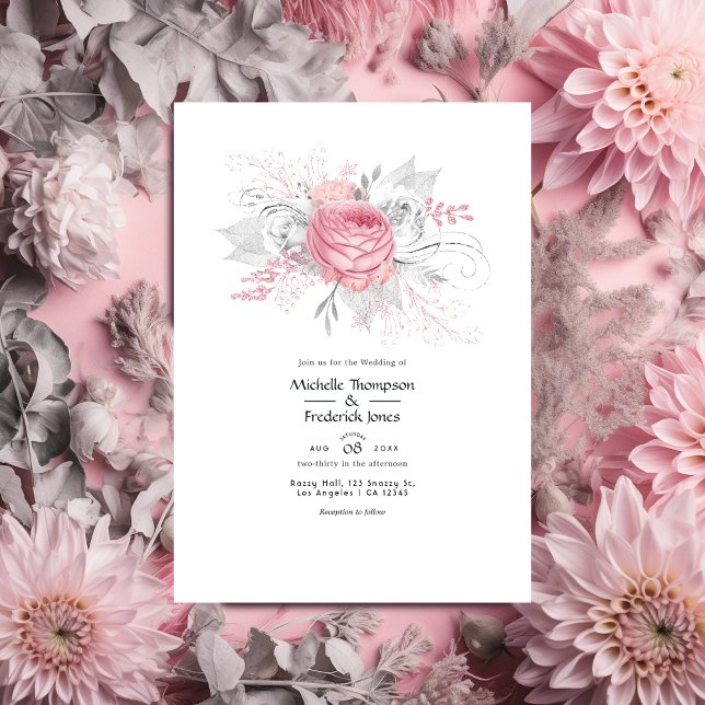 Rosa und Imitate Foil Silver Floral Wedding Einladung (Von Creator hochgeladen)
