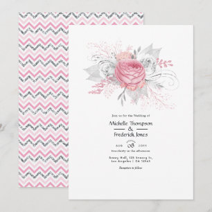 Rosa und Imitate Foil Silver Floral Wedding Einladung
