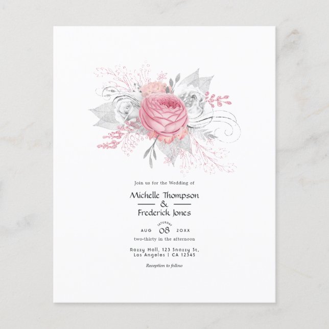 Rosa und Imitate Foil Silver Floral Wedding Flyer (Vorne)
