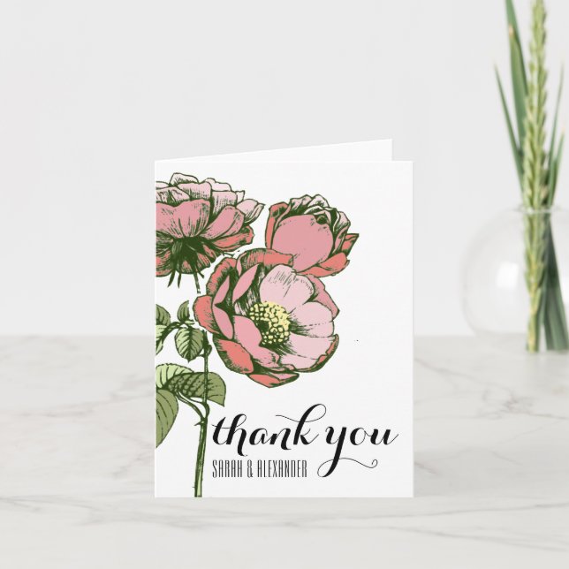Rosa-und Korallen-blühende Rosen danken Ihnen Dankeskarte (Vorderseite)
