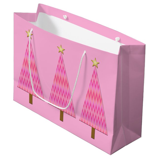Rosa und Korallenombre Moderner Weihnachtsbaum Große Geschenktüte (Vorderseite Schrägansicht)