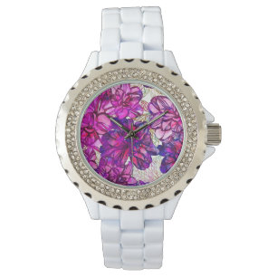Rosa und lila abstraktes Blumen-Muster Armbanduhr