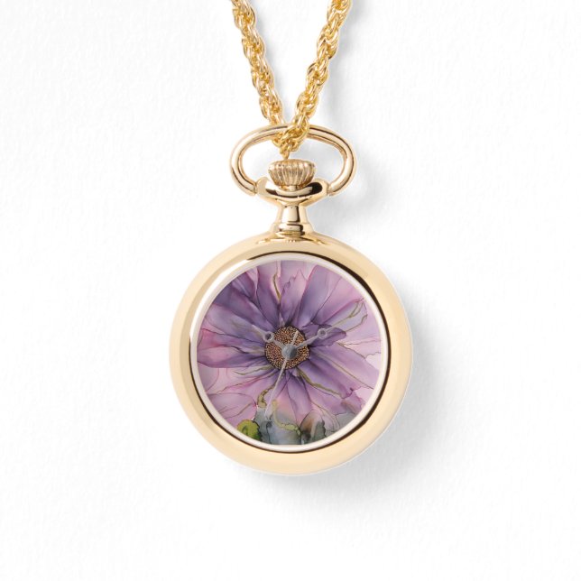 Rosa und lila Alkoholfarbe Blume Armbanduhr (Vorderseite)