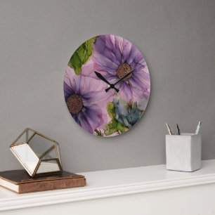 Rosa und lila Alkoholfarbe Blume Große Wanduhr