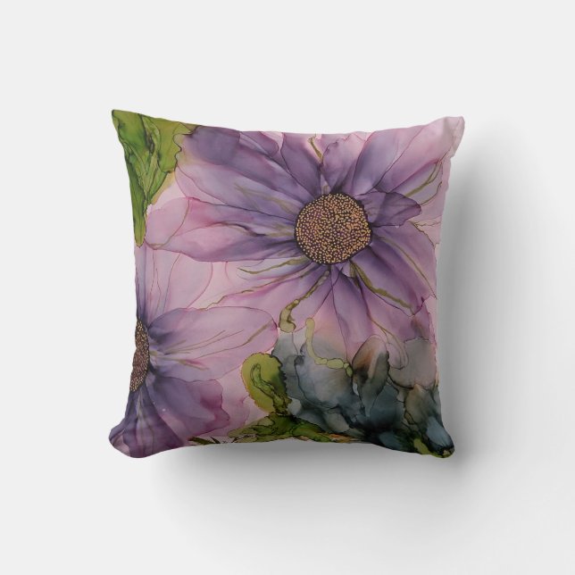 Rosa und lila Alkoholfarbe Blume Kissen (Vorderseite)