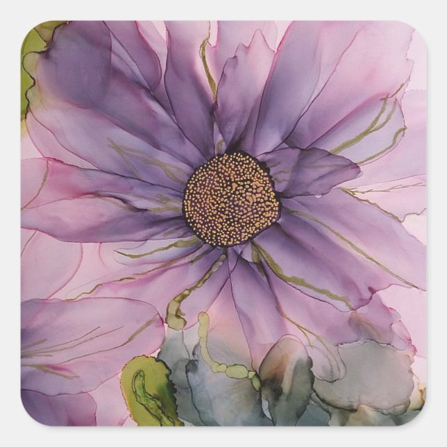 Rosa und lila Alkoholfarbe Blume Quadratischer Aufkleber (Vorderseite)