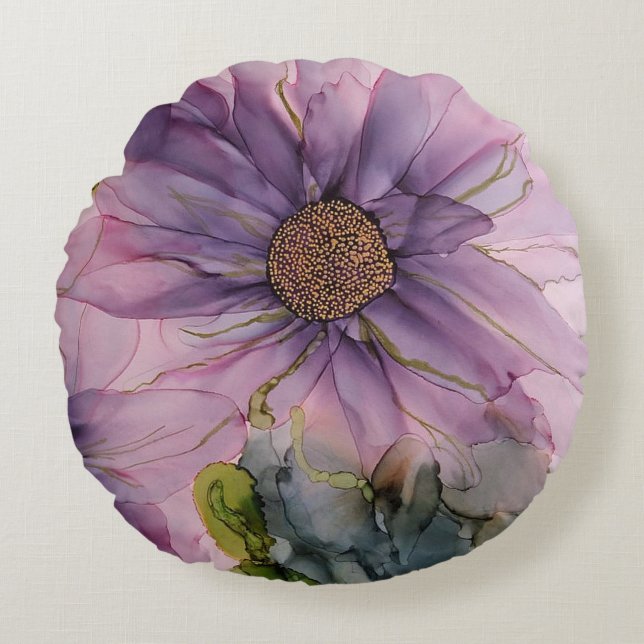Rosa und lila Alkoholfarbe Blume Rundes Kissen (Vorderseite)