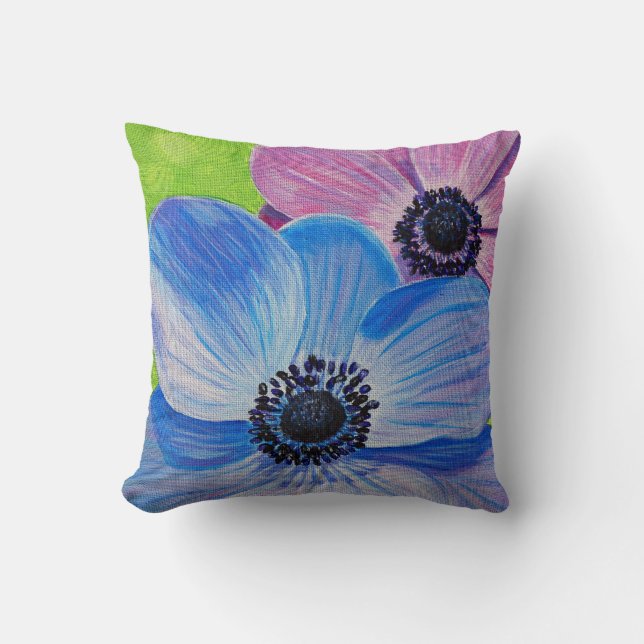 Rosa und Lila Anemonenmalerei Kissen (Vorderseite)