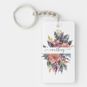 Rosa und lila Aquarell-Blumen personalisiert Schlüsselanhänger