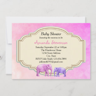 Rosa und lila Aquarell-Elefanten-Baby-Party Einladung