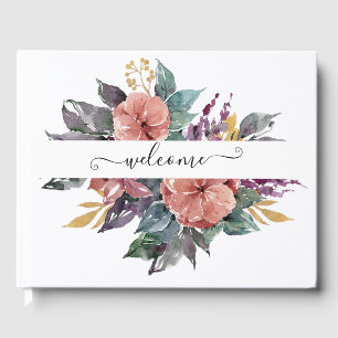 Rosa und lila Aquarellblumen personalisiert Gästebuch