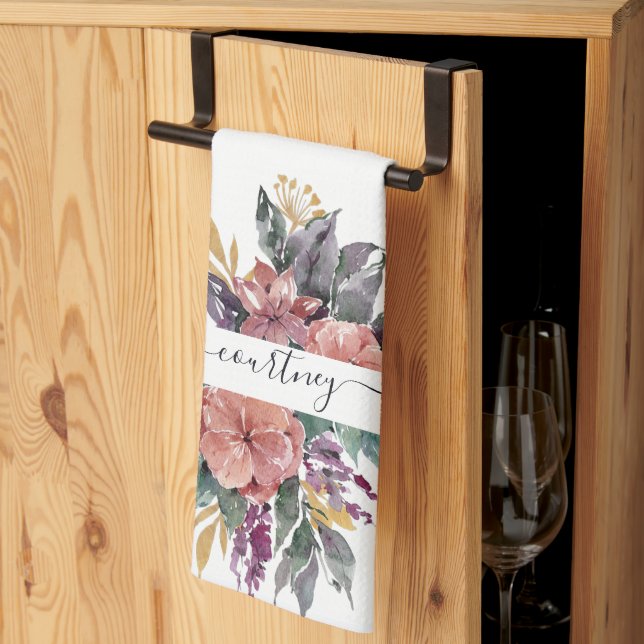 Rosa und lila Aquarellblumen personalisiert Geschirrtuch (Drittel gefaltet)