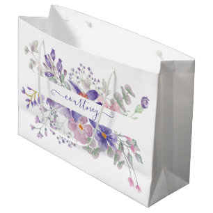 Rosa und lila Aquarellblumen personalisiert Große Geschenktüte