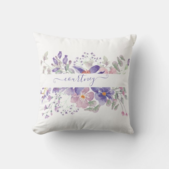 Rosa und lila Aquarellblumen personalisiert Kissen (Vorderseite)