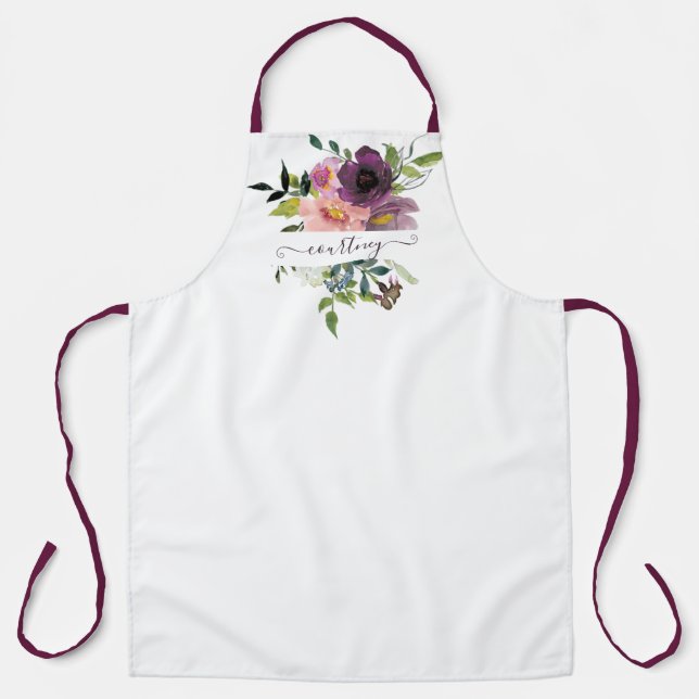 Rosa und lila Aquarellblumen personalisiert Schürze (Vorderseite)