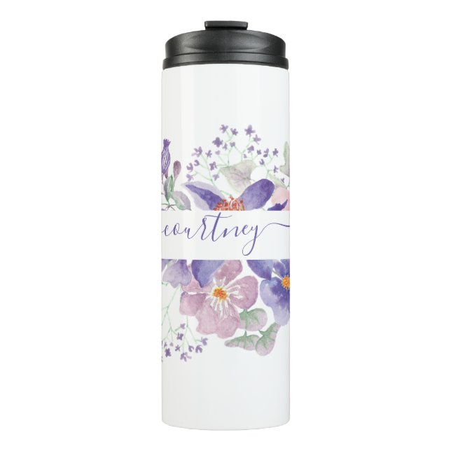 Rosa und lila Aquarellblumen personalisiert Thermosbecher (Vorderseite)