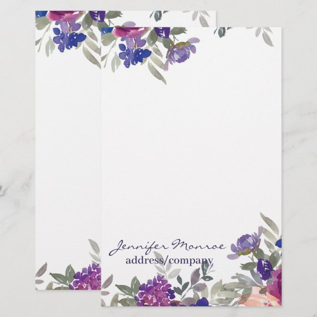 Rosa und lila Aquarellfarben Blume personalisiert Briefpapier (Vorne/Hinten)