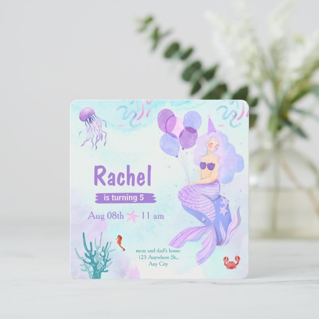 Rosa und Lila Aquarellmaid Geburtstag Einladung (Stehend Vorderseite)