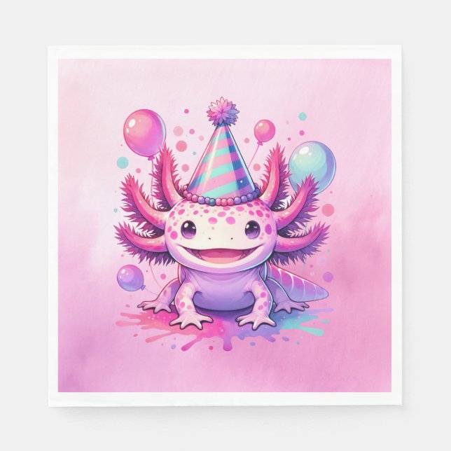 Rosa und Lila Axolotl Girl's Birthday Party Serviette (Vorderseite)