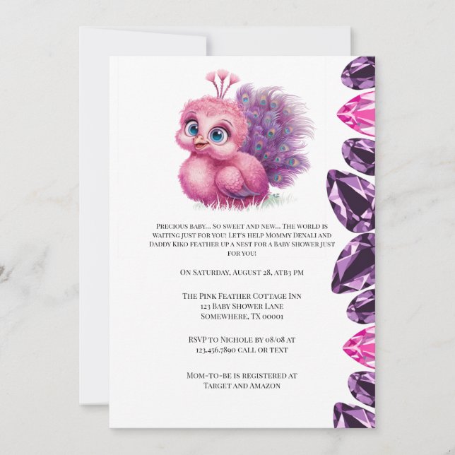 Rosa und Lila Baby Peacock Baby Dusche Einladung (Vorderseite)