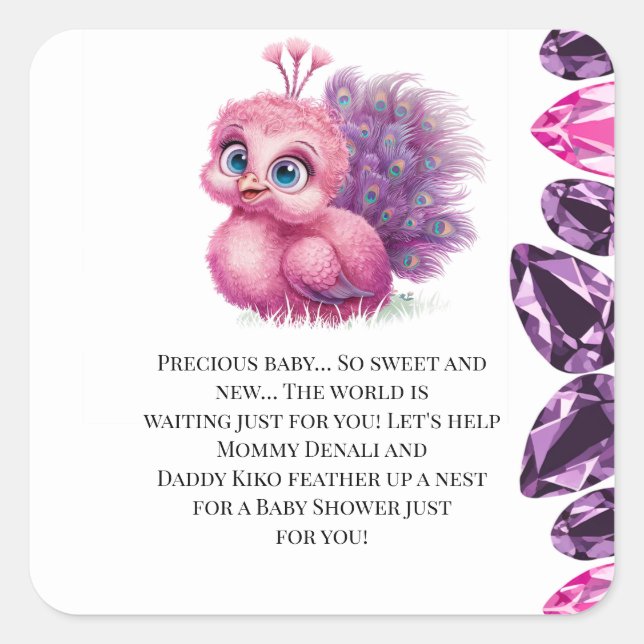 Rosa und Lila Baby Peacock Baby Dusche Quadratischer Aufkleber (Vorderseite)