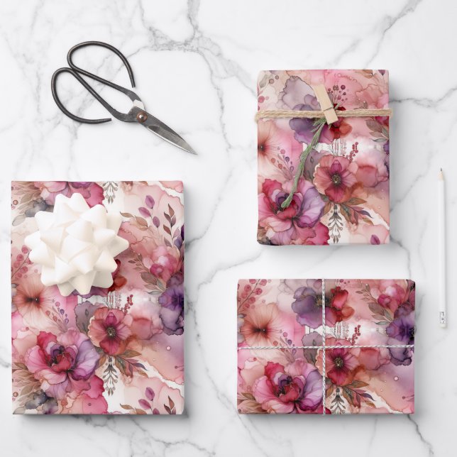 Rosa und Lila Blume Alkohol Tinte Medium Print Geschenkpapier Set (Vorderseite)