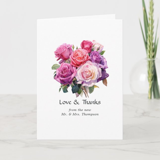 Rosa und Lila Blumenhochzeit Dankeskarte (Vorderseite)
