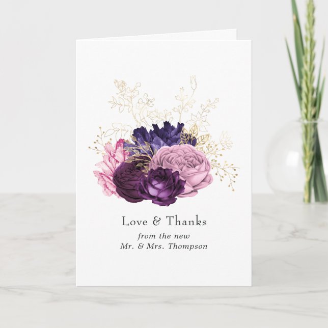 Rosa und Lila Blumenhochzeit Dankeskarte (Vorderseite)