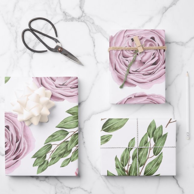 Rosa und Lila Blumenumhüllungsblätter Geschenkpapier Set (Vorderseite)