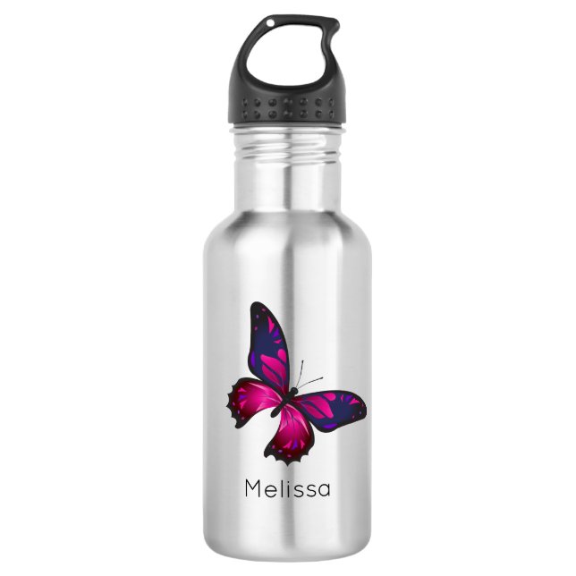 Rosa und Lila Buttefly Personalisiert Edelstahlflasche (Vorderseite)