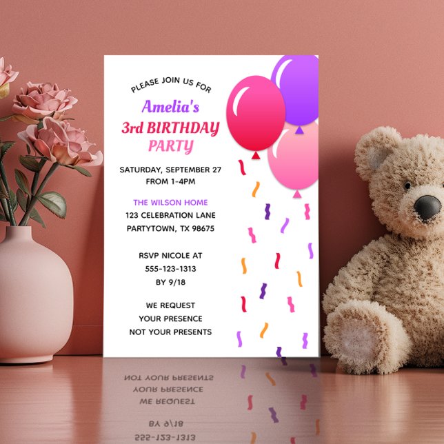 Rosa und Lila Confetti und Balloons Geburtstag Einladung (Von Creator hochgeladen)