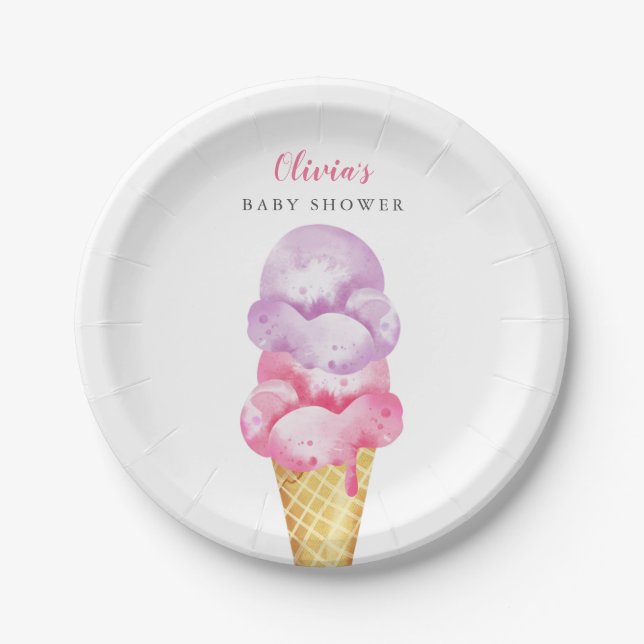 Rosa und Lila Eiscreme Kinderdusche Pappteller (Vorderseite)