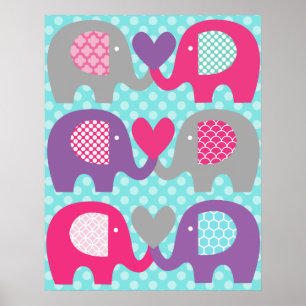Rosa und Lila Elefantenliebe-Nursery-Poster Poster