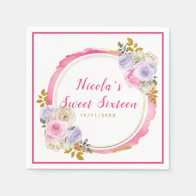 Rosa und Lila elegante Blume 16 . Geburtstag Serviette (Vorderseite)