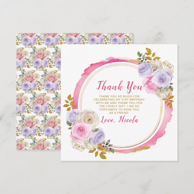 Rosa und Lila elegante Blume Geburtstag Dankeskarte (Vorne/Hinten)