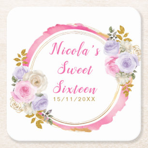 Rosa und lila elegante Blumen Sweet Sixteen Rechteckiger Pappuntersetzer