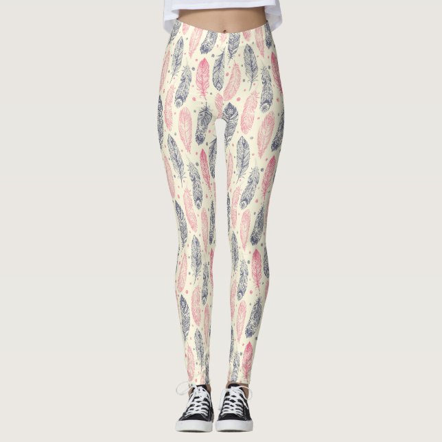 Rosa und lila ethnisches Feder-Muster Leggings (Vorderseite)