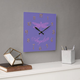 Rosa und Lila Fantasy-Libelle Quadratische Wanduhr