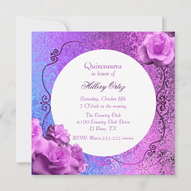 Rosa und Lila Foil Look Quinceanera Einladung (Vorderseite)