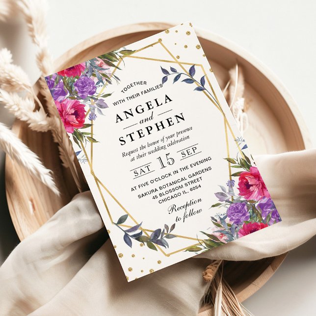 Rosa und Lila Frühlingsblumen Goldrahmen Hochzeit Einladung (Von Creator hochgeladen)