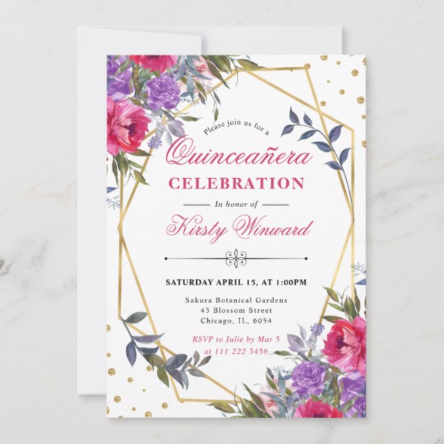 Rosa und Lila Frühlingsblumen rahmen Quinceanera Einladung (Vorderseite)