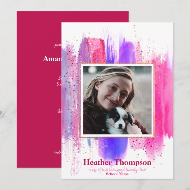 Rosa und Lila gestrichene Glitzer Glitzern Abschlu Einladung (Vorne/Hinten)