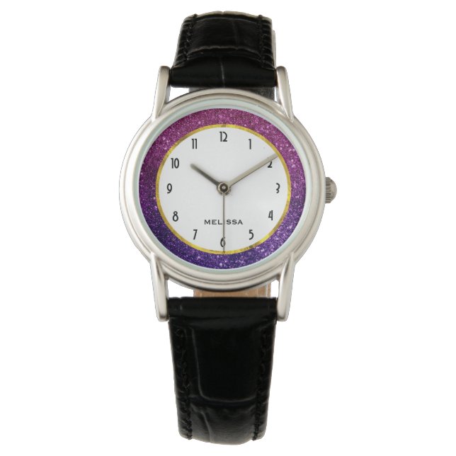 Rosa und Lila Glitzer-Edelsteine Armbanduhr (Vorderseite)