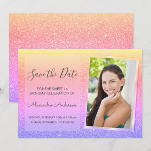 Rosa und Lila Glitzer Sweet 16 Save the Date Einladung