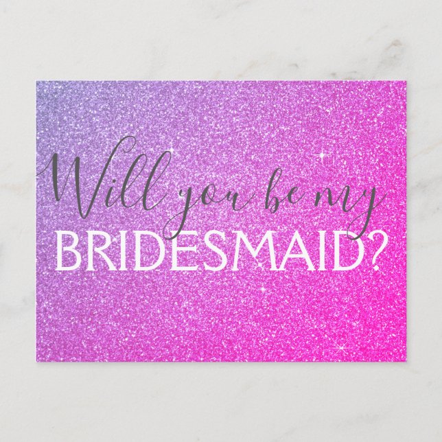 Rosa und Lila Glitzer und Sparkle Bridesmaid Einladungspostkarte (Vorderseite)
