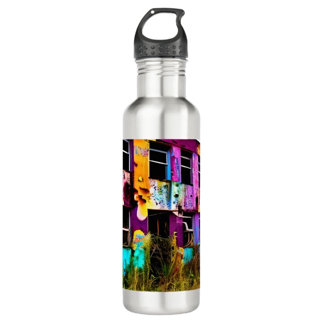 Rosa und Lila Graffiti Kunst | Ausgesetztes Gebäud Edelstahlflasche (Vorderseite)