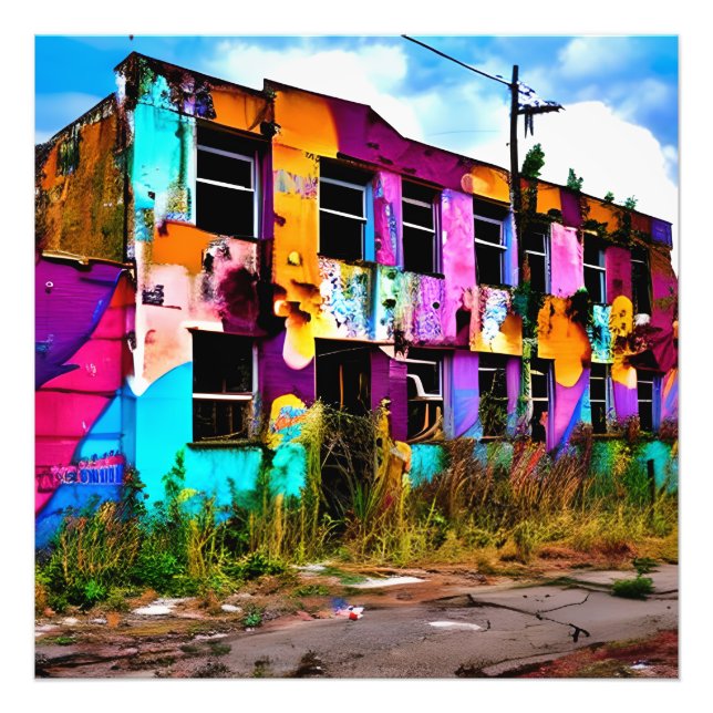 Rosa und Lila Graffiti Kunst | Ausgesetztes Gebäud Fotodruck (Vorne)