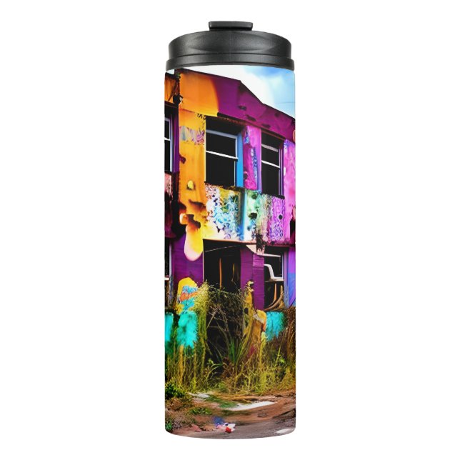 Rosa und Lila Graffiti Kunst | Ausgesetztes Gebäud Thermosbecher (Vorderseite)